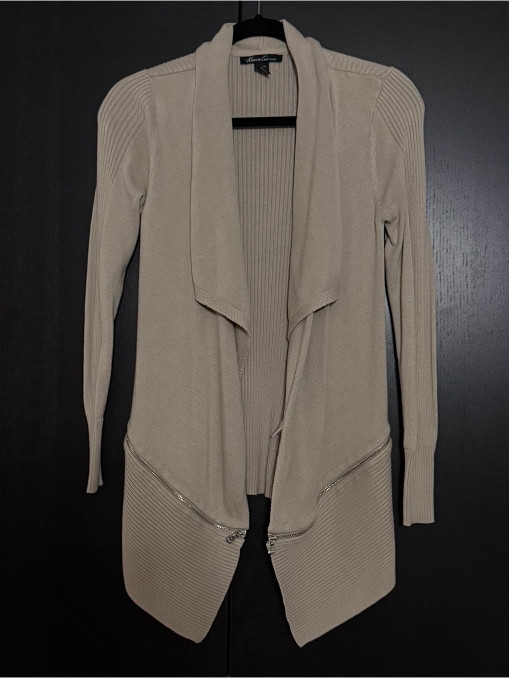Kenneth Cole New York Beige Open-Front Draped Cardigan with Zip Detail